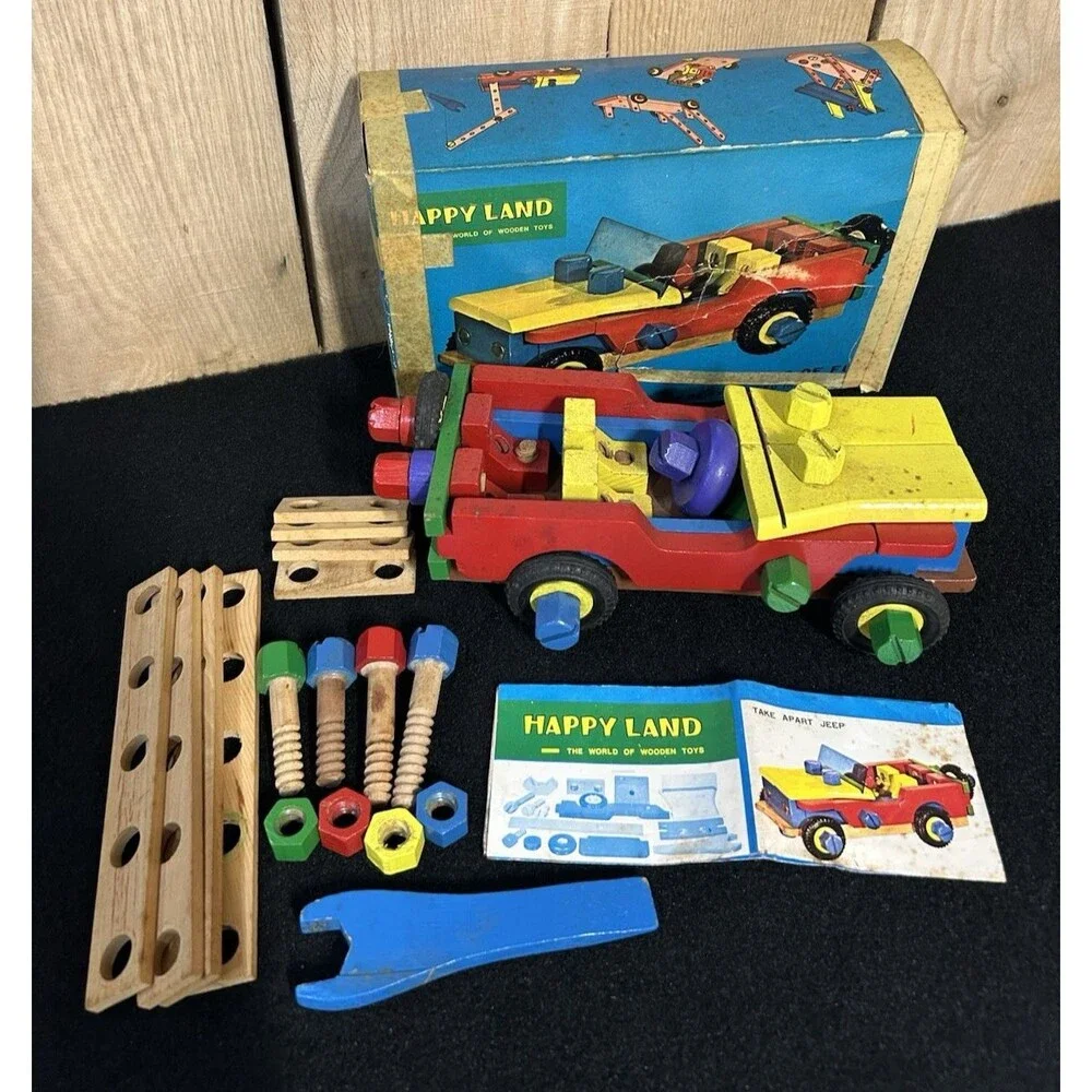 Vintage Wooden Happy Land Take Apart Jeep Nuts And Bolts Xtra Parts B-17